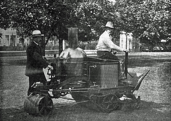 Steam powered lawn outlet mower